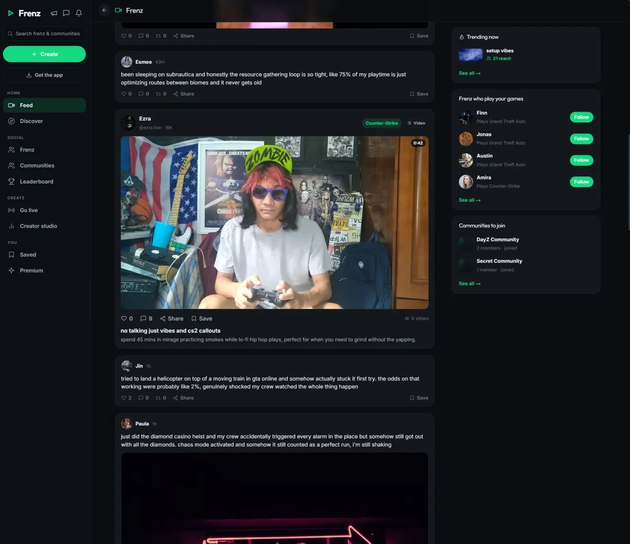 Real Frenz feed with public navigation and a video post