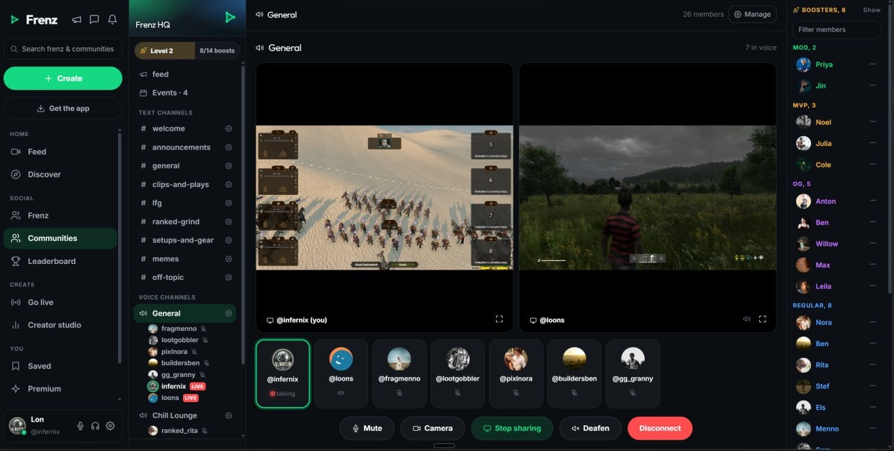 Real Frenz community with voice and screen sharing