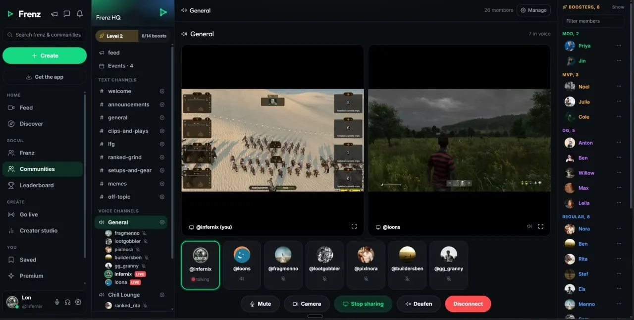 Real Frenz community with channels, voice and two screen shares